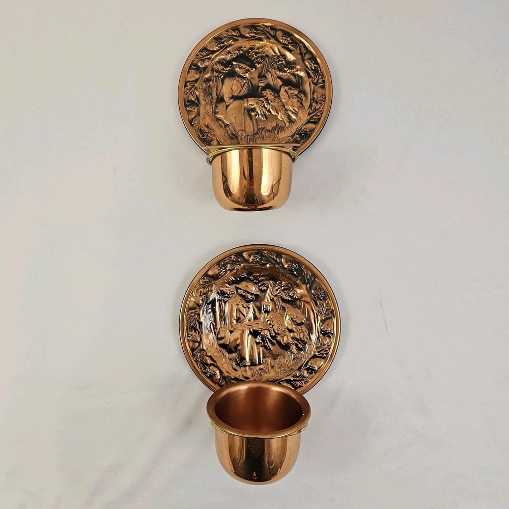 Vintage Coppercraft Candle Holder Pair Wall Pocket Planter Hunting Dogs - Picture 2 of 13